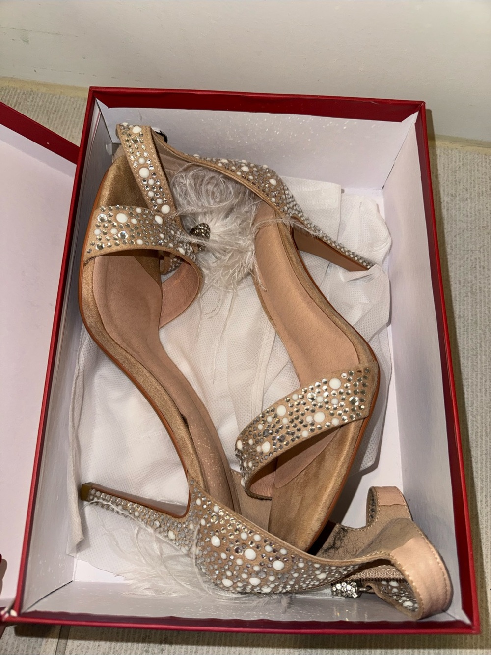 Embellished Blush Satin Heels with Pearls and Crystals